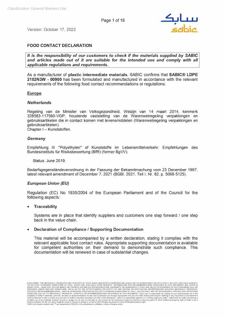 SABIC-LDPE-2102N3W-Food Contact Declaration-Global_page-0001 Сертификат TÜV Austria за LDPE материал съответстващ на Регламент ЕС 10/2011 за контакт с храни